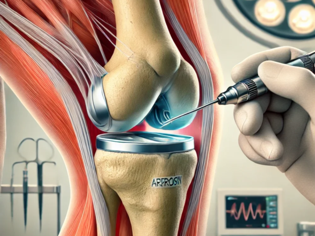 DALL·E 2025-01-02 19.03.45 - A detailed medical illustration showing an arthroscopy procedure being performed on a human knee. The image features a close-up of a surgeon's hands o